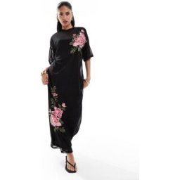 ASOS DESIGN - Robe t-shirt oversize longueur mollet en tulle avec broderie rose positionnÃ©e-Noir Noir 34 female