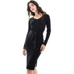 Vero Moda - Robe mi-longue en maille cÃ´telÃ©e avec manches longues et ceinture - Noir Noir M female