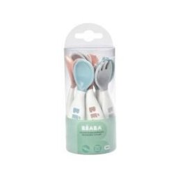 Béaba Lot de 6 Cuillères Ergo + 4 Fourchettes (Old Pink+Airy Green+Light Mist) - Boîte 10 couverts