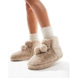 ASOS DESIGN - Zyla - Chaussons bottines Ã pompons - Vison-Gris Gris L female