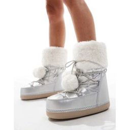 Public Desire - Aster - Bottes aprÃ¨s-ski avec bord en fausse fourrure et pompons - ArgentÃ© ArgentÃ© 37 female