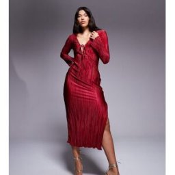 In The Style - ExclusivitÃ© - Robe longue plissÃ©e avec liens devant - Bordeaux-Rouge Rouge 34 female