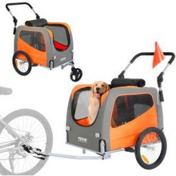 VEVOR Remorque de Vélo Chien Pliable Charge 30 kg Poussette Animaux de Compagnie 2en1 Cadre Facile à Plier avec Roues à Dégagement Rapide, Coupleur de Vélo Universel, Réflecteurs, Drapeau, Orange/Gris