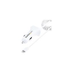 StarTech.com Lightning Car Charger with 1m Coiled Lightning Cable, 12W, White, 2 Port USB Car Charger Adapter for Phones and Tablets, In Car Apple iPhone/iPad Charger w/ Built-in Cord - Dual USB Car Charger (USBLT2PCARW2) adaptateur d'alimentation pour vo