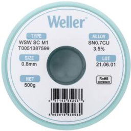 Étain à souder sans plomb Sn0,7Cu 0.8 mm Weller WSW SC M1 bobine 500 g