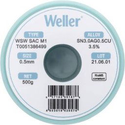 Étain à souder sans plomb Sn3,0Ag0,5Cu 0.5 mm Weller WSW SAC M1 bobine 500 g