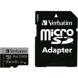 Verbatim Pro Carte microSDXC 256 GB UHS-Class 3 compatibilité vidéo 4K, Standard de puissance A2, avec adaptateur SD, résistance aux chocs, étanche