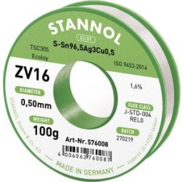 Stannol ZV16 Étain à souder sans plomb sans plomb Sn96,5Ag3Cu0,5 REL0 100 g 0.5 mm