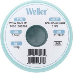 Étain à souder sans plomb Sn3,0Ag0,5Cu 0.5 mm Weller WSW SAC M1 bobine 100 g