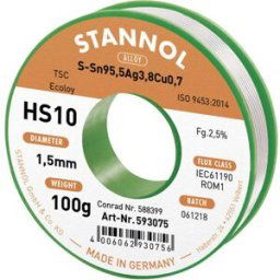 Stannol HS10 2510 Étain à souder sans plomb bobine Sn95,5Ag3,8Cu0,7 ROM1 100 g 1.5 mm