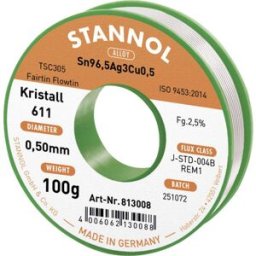 Stannol Kristall 611 Fairtin Étain à souder sans plomb sans plomb Sn96,5Ag3Cu0,5 REM1 100 g 0.5 mm