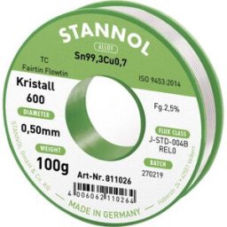 Stannol Kristall 600 Fairtin Étain à souder sans plomb sans plomb Sn99,3Cu0,7 REL0 100 g 0.5 mm