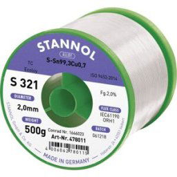 Stannol S321 2,0% 2,0MM SN99,3CU0,7CD 500G Étain à souder sans plomb sans plomb, bobine Sn99,3Cu0,7 ORH1 500 g 2 mm