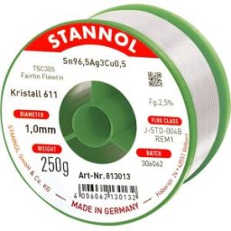 Stannol Kristall 611 Fairtin Étain à souder sans plomb sans plomb Sn96,5Ag3Cu0,5 REM1 250 g 1 mm