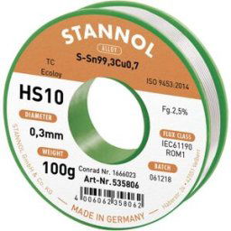 Stannol HS10 2,5% 0,3MM SN99,3CU0,7 CD 100G Étain à souder sans plomb sans plomb, bobine Sn99,3Cu0,7 ROM1 100 g 0.3 mm