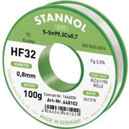 Stannol HF32 3,5% 0,8MM SN99,3CU0,7 CD 100G Étain à souder sans plomb sans plomb, bobine Sn99,3Cu0,7 ROL0 100 g 0.8 mm