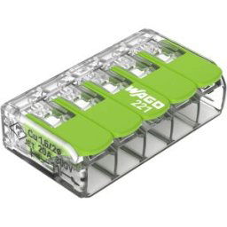 WAGO 221-425 221 Borne de raccordement flexible: 0.14-4 mm² rigide: 0.2-4 mm² Nombre de pôles: 5 25 pc(s) transparent, vert