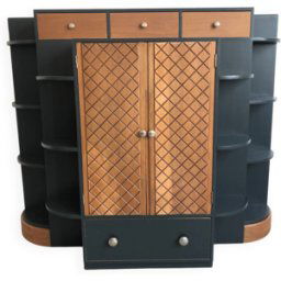 Meuble de rangement, buffet Art Déco en bois sculpté bleu 117x46x138