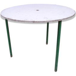 Table de jardin ronde à piètement métal tripode et plateau amovible en aggloméré vert 100x100x76