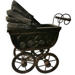 Poussette de poupée ancienne Français faite à la main, Années 1900. Collection marron 34x15x36