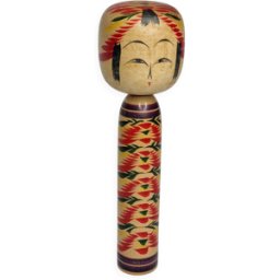 Poupée Kokeshi japonaise datée 1986, signée et numérotée, décor floral multicolore peint à la main, bois 0x0x81