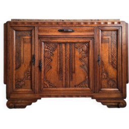 Buffet art déco plateau marbre, meuble vaisselier ancien bois 140x41x102