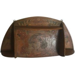 Étagère bois décor 1900 pyrogravé art nouveau art déco signée époque gallé, majorelle marron 73x15x40
