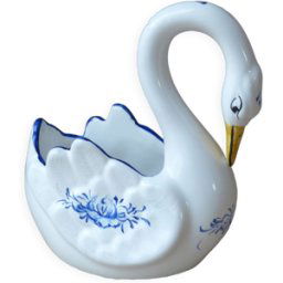 Cache pot cygne de porcelaine peint à la main au portugal bleu 15x7x16