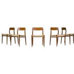 Chaises de salle à manger danoises en teck Mod. 77 avec corde en papier par Niels O. Møller pour J.L. Møllers, 1959, Ensemble de bois 50x50x75