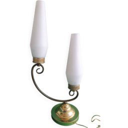 Lampe de table à poser grande double éclairage opaline vintage dore 24x0x50