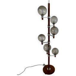 Ancien lampadaire en bois design scandinave des années 60 à 6 feux vintage marron 40x38x150