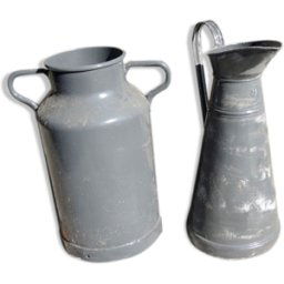 Anciens pot à lait et broc en zinc repeints gris gris 0x0x0