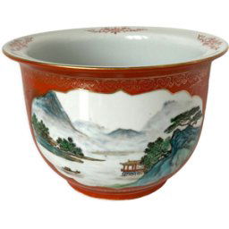 Jardinière chinoise ou cache-pot en porcelaine de Chine à décor de paysages sur fond corail et doré orange 20x14x14