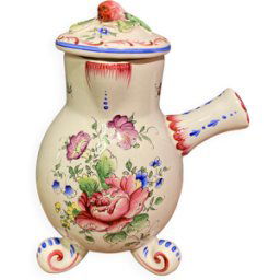 ART Verseuse chocolatière en faïence de Clamecy à décor floral polychrome blanc 13x0x16