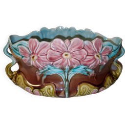 Ancienne jardinière barbotine à motifs de fleurs multicolore 15x33x16