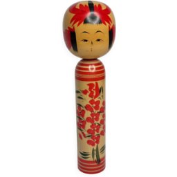 Poupée kokeshi traditionnelle japonaise signée peinte à la main à décor de fleurs, 31 cm bois 0x0x31