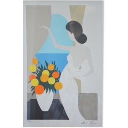 ART Lithographie Marie-Theresa Torres, belle femme de dos face à la mer multicolore 61x0x44