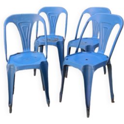 4 chaises industrielles année 50 marque Multipl's par Joseph Mathieu bleu 40x45x86