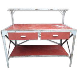 Etabli ancien en métal d'atelier, usine Majorette, industriel rouge 155x85x132