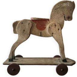 Jouet ancien/vintage cheval en bois à roulettes années 50 beige 45x16x44