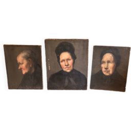 ART Triptyque portraits a l huile anciens, femmes XIXe noir 38x2x46