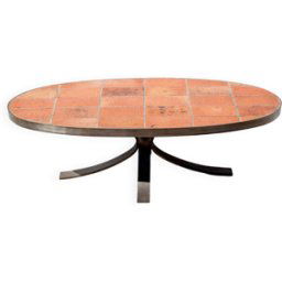 Table basse Jean Jaffeux, en pierre de lave émaillée avec structure en fer forgé, 60's marron 108x48x35