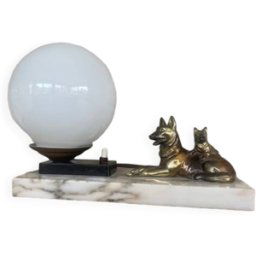 Ancienne lampe de table veilleuse globe opaline marbre beige 9x22x17