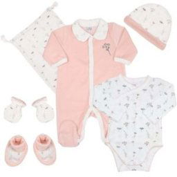 Trois Kilos Sept Coffret de naissance Fleurs roses 6 pièces (1 mois)