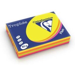 Clairefontaine Papier couleur Trophée - coloris assortis fluo rose - jaune - vert - orange - 80g - A4 - ramette 4 x 125 feuilles