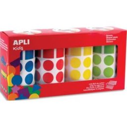 Boîte de 4 rouleaux de gommettes Apli Kids 8260 unités - géométrique - 20mm- couleurs assorties jaunes, bleues, rouges, vertes