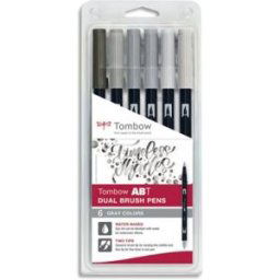 Set 6 ABT Dual Brush Pen, feutre avec pointe fine et pointe pinceau Tombow, à base d'eau - couleur gris