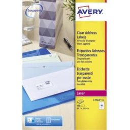 Étiquettes d'expédition Avery pour imprimantes laser - 99,1 x 33,9 mm - 25 feuilles - 16 Étiquettes par feuille - auto-adhésives - transparentes - paquet 25 feuilles