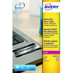 Étiquettes permanentes et ultra-résistantes Avery pour imprimantes laser noir et blanc - 210 x 297 mm - 20 feuilles - 1 étiquette par feuille - argent - paquet 20 unités