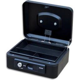 Caisse à monnaie Pavo - 20cm/3 compatiments - ouverture auto bouton poussoir + serrure cylindrique - noire